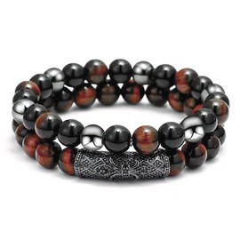 2Pcs Triple Protection Bracelet,Natural Tigers Eye Black Obsidian and Hematite 8 MM Beads Bracelet for Men Women Gift, Healing Crystal Bracelet Bring Luck and Prosperity and Happiness (Red)