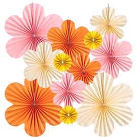 Papierblumen zum Aufhängen, Frühlingsdeko, 12 Stück Papierfächer Deko Rosa Orange Gelb Weiß, Papierblumen für Geburtstagsfeiern, Zusammenkünfte, Hochzeiten, Abschlussfeier, Tischdeko, Baby Shower