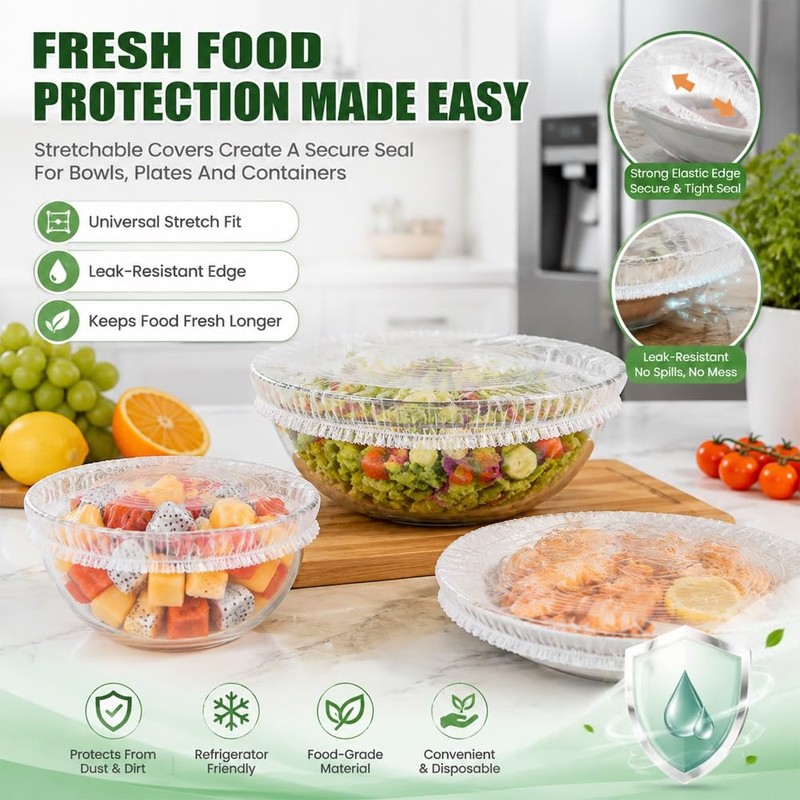 100PCS Disposable Elastic Stretch Food Covers, Reusable Plastic Bowl Covers