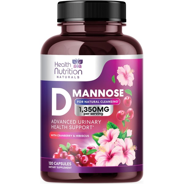 D-Mannose & Cranberry Extract 1350mg, Fast-Acting to Support Natural Urinary Tract Health for Women & Men, Non-GMO & Vegan, Flush Impurities in Urinary Tract & Bladder - 120 Capsules
