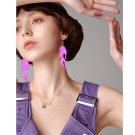 Transparent Acrylic Flame Dangle Drop Earrings Dainty Multicolor Neon Flames Hook Earrings Punk Rock Hip Hop Fire Element Earrings for Women Hollow Jewelry Gifts Cosplay Costume Accessories (Mirror Purple)