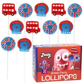 British Party Lollipops - 12 Individually Wrapped UK Candy Suckers - Fun British-Themed Favors with Union Jack, Double Decker Bus, and Crown Shapes for Royal Parties and Birthdays