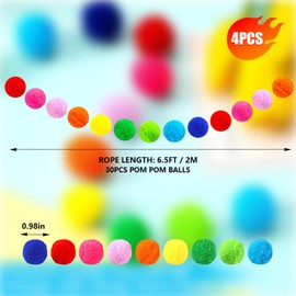 4 Pcs Colorful Easter Pom Poms Garland, 6Ft Long 30 Balls Rainbow Felt Ball Garland, Pastel Pom Poms String for Birthday Party Wedding Easter Wall Decor
