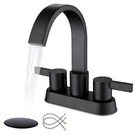 Senhozi Matte Black Bathroom Faucets for Sink 3 hole, 4 Inch Centerset Waterfall Faucet Bathroom Sink Faucet with Pop-up Drain and 2 Supply Hose, SUS304 2 Handle Faucet for Bathroom Sink, SE-0048-BK