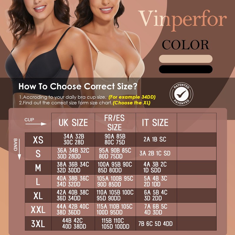 Vinperfor Women Low Back Bra Invisible Backless Bras Lightly-Lined Deep-V