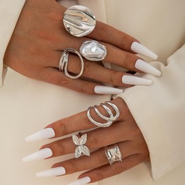 Chunky Knuckle Rings for Women Chunky Gold Ring Set Stacking Crystal Knuckle Rings Statement Ring Jewelry Teen Girl Gifts Trendy Stuff(H:6PCS Gold Ring Set)