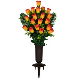 Sympathy Silks Artificial Cemetery Flowers - Gravesite Flowers - Orange Roses with Palm Leaves - (1) Bouquet (1) Cemetery Vase