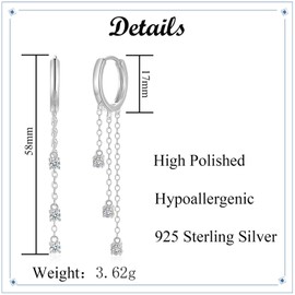 Bewenda Hoop Earrings Silver Long Earrings Hanging 925 Sterling Silver Drop Earrings for Women, Hypoallergenic Long Tassel Chain Drop Earrings with White Cubic Zirconia, Dangle Dangle Earrings with