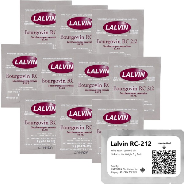 Lalvin RC-212 Wine Yeast (10 Pack) - Make Wine Cider Mead Kombucha At Home - 5 g Sachets - Saccharomyces cerevisiae - Sold by CAPYBARA Distributors Inc.