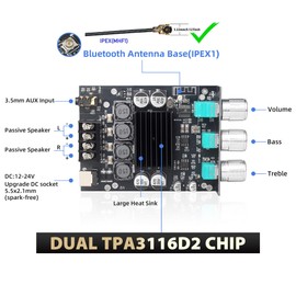 100W+100W Amplifier Board with Treble and Bass Control, DC 9-24V, BT and AUX Inputs, 2.0 Channel Stereo AMP Board for DIY Wireless Speakers, Password Free