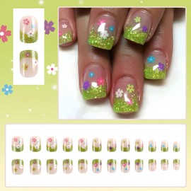 Glitter Green Press on Nails Short Square False Nails Spring Summer Flower Design Acrylic Nails White Green Sparkly Gradient French Tips White Floral Full Cover Glossy Stick on Nails for Women 24Pcs