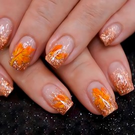 24Pcs Thanksgiving Press on Nails Short Square Fake Nails Orange Glitter French Tips False Nails Glossy Sparkly Autumn French Acrylic Nails Artificial Nail Full Cover Glue on Nail for Women Manicure