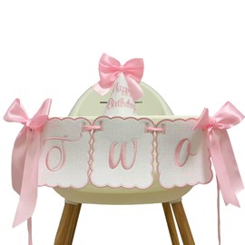 2nd Birthday Decorations for Girl Pink Bow TWO High Chair Banner with Cone Hat for Girl Bow Themed 2nd Birthday Party Decorations