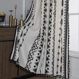 Sutuo Home Black and White Boho Curtain 84 Inches Length for Bedroom, Printed Cotton Linen Geometric Rod Pocket Chic Semi Blackout Bohemian Tassels Window Treatment, 1 Panel 59" W x 84" L