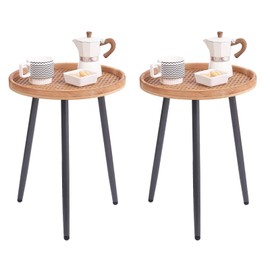 Tiita Tiita 2 Pack Rattan Round End Table Mental Side Table Nightstand/Small Wood Tables Accent Coffee Table with Wooden Tray for Living Room Bedroom Office Small Space