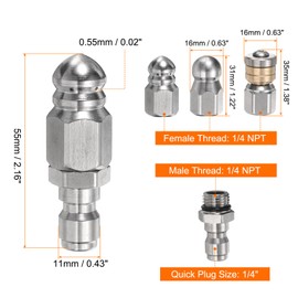 sourcing map Pressure Washers Sewer Nozzle 1/4" Quick Connect 5000 PSI Stainless Steel Drain Blaster Rotating Button Nose Fixed Cleaning Water Hose Jet for Drain Cleaning Hose