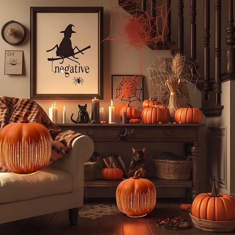 Thanksgiving Starry Night LED Pumpkin Lights, Decorative Timer Illuminated Resin