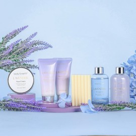 BODY & EARTH Lavender Gifts for Women, 6 Pieces, Birthday Gift for Women, Shower Gel, Body Butter, Hand Cream, Bath Set Gift Women, Wellness Set for Women, Girlfriend, Mum