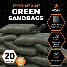 Woven Polypropylene Sand Bags for Flooding, Gravel - 14" x 26" Sacks 50 lb Weight Limit, Military Grade Reusable Refillable Sand Bag for Hurricane Flood Protection, Empty Sandbags, Green, Bundle of 20