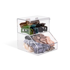 Inevibe Hair Tie Holder & Bows Organizer - 2 Compartment Acrylic Container w/Lids for Storing Bracelets, Headbands, Claw Clips & Accessories for Bathroom & Countertop Display