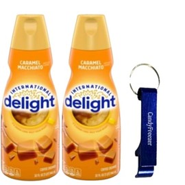 International-Delight Liquid Coffee Creamer.- Two (2) 32 fl oz Bottles of Smooth & Creamy Delightful Coffee Creamer and Candy Freezer Bottle Opener Keychain (Caramel Macchiato) - Keychain