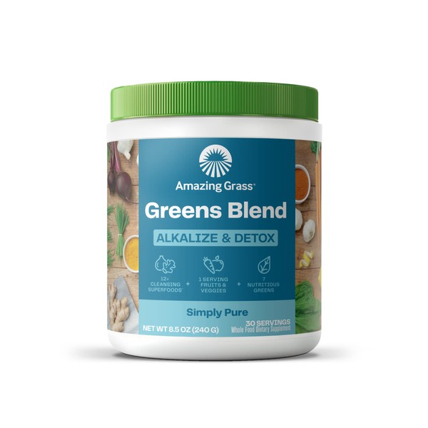 Amazing Grass Greens Blend Alkalize & Detox: Smoothie Mix, Cleanse with Super Greens & Beet Root Powder, Digestive Enzymes, Prebiotics & Probiotics, 30 Servings (Packaging May Vary)