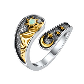 Sun And Moon Spoon rings 925 Sterling Silver Opal Sun Moon Star Ring Vintage Mountain Ring Jewelry Gifts for Mom Women