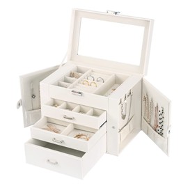 DQUTAR Jewelry Box for Women 4-layer Leather Large Jewelry Organizer Box with Drawers&Mirror for Necklace/Ring/Earring/Watch Storage (White)