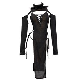 MEOWCOS Women's Bodycon Dress Gothic Ninja Style Lace up Slit Dress and Hooded Top Black