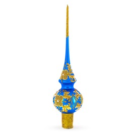 Jeweled Golden Leaves on Blue Blown Glass Christmas Tree Topper 11 Inches