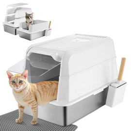 LISPOO XL Stainless Steel Enclosed Cat Litter Box with Lid 23.6''×15.7''×16.9'' - Odor Control & Easy Cleaning w/Odor-Proof Bags, Extra Large Metal Litter Pan for Indoor Cats, White