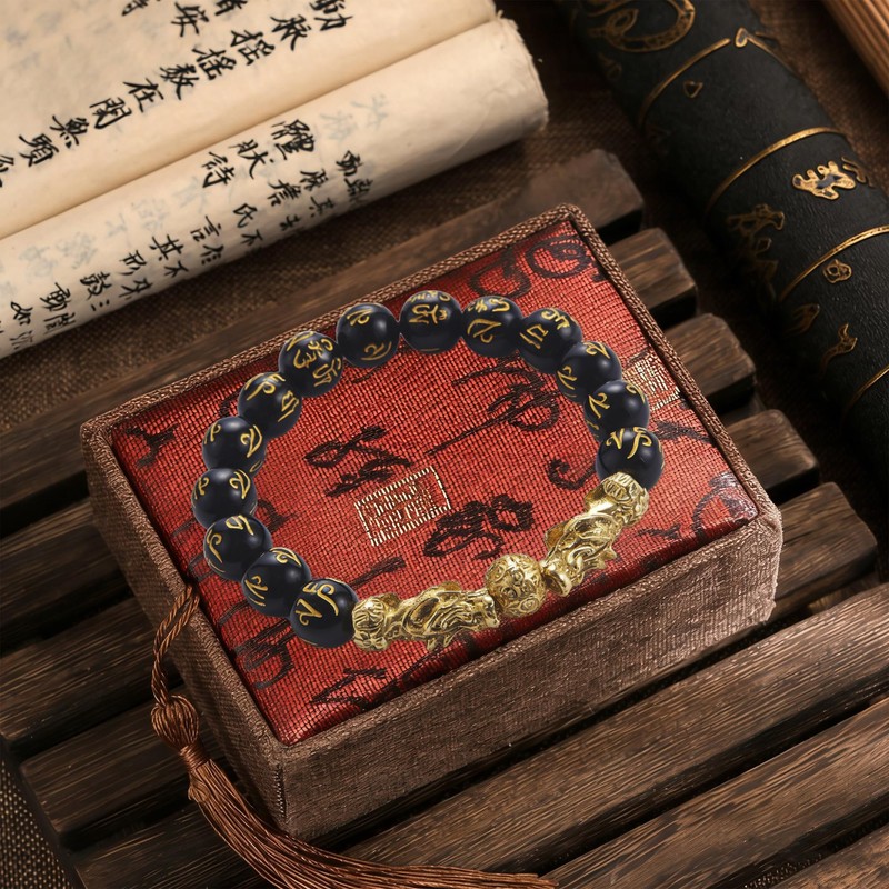 KINLNGEE Dual 24K Gold-Plated Pixiu Black Obsidian Feng Shui Bracelet,10mm