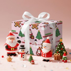 LeZakaa Christmas Wrapping Paper Roll, Pink Santa Claus & Snowmen Pixel Design for Holiday Gifts, Family, Friends, Kids, Christmas Party, 17 in x 16.4 Ft