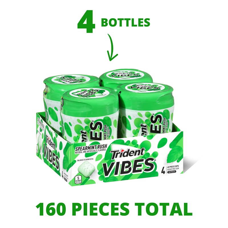 Trident Vibes Spearmint Rush Sugar-Free Chewing Gum, 4 Bottles of