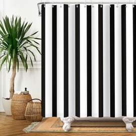 OFILA Black and White Shower Curtain,Striped Shower Curtain Sets for Bathroom,Black and White Striped Shower Curtains with Hooks 72x72inch