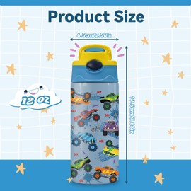 12 oz Monster Truck Kids Water Bottle, Cool Cars Water Bottle for School, Kids Insulated Bottles with Straw & Handle, Leak-Proof, BPA-free, Straw Lid, Stainless Steel for Travel Gift Cup for Boys