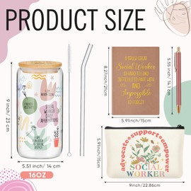 Dinifee 4 Pcs Social Worker Gifts for Women Include 16 oz Glass Tumbler Mug with Straw Brush A5 Leather Notebook Makeup Bag and Ballpoint Pen Social Work Gifts for BSW MSW(Floral Style)