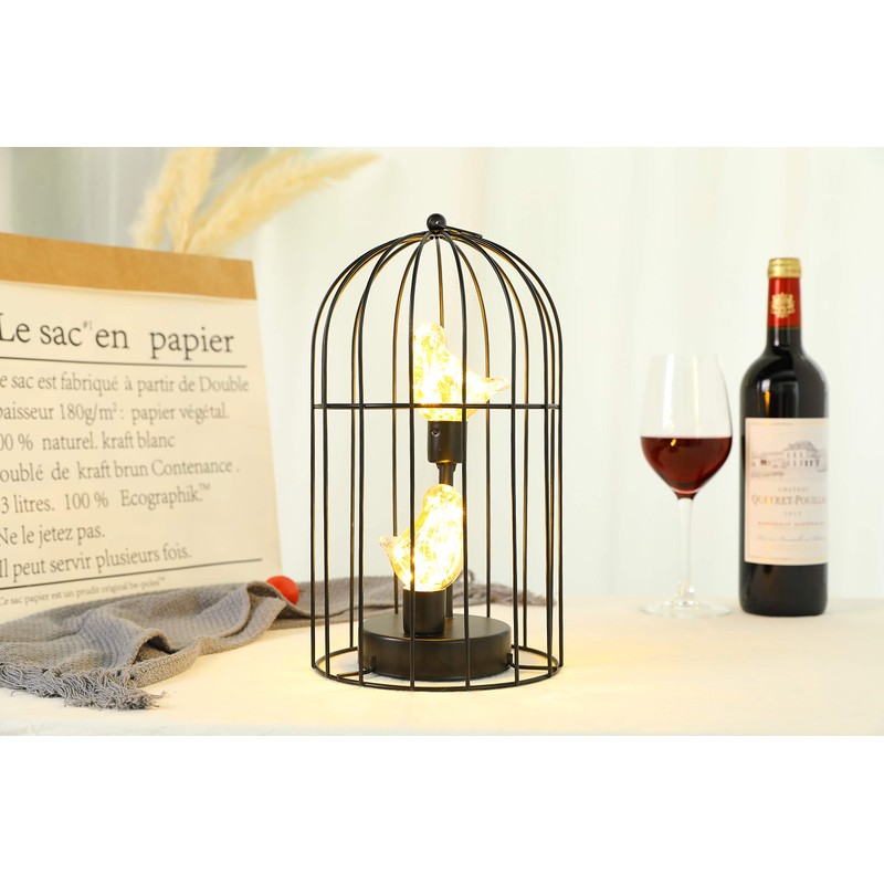 JHY DESIGN 電池式テーブルランプ 高さ30cm 置き型 かわいい鳥かごデザイン LEDフェアリーライト付き おしゃれ 間接照明ライト 装飾ランプ