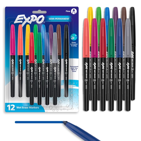 EXPO Wet Erase Markers, Semi-Permanent Markers, Assorted, Fine Tip, 12