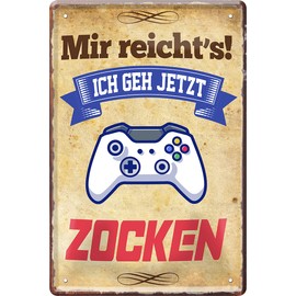 schilderkreis24 Tin Sign Funny Gaming Saying "Mir Reicht's Zocken" Decorative Gamer PC Console Computer Metal Sign Gift Idea Birthday Christmas Computer Player 20 x 30 cm