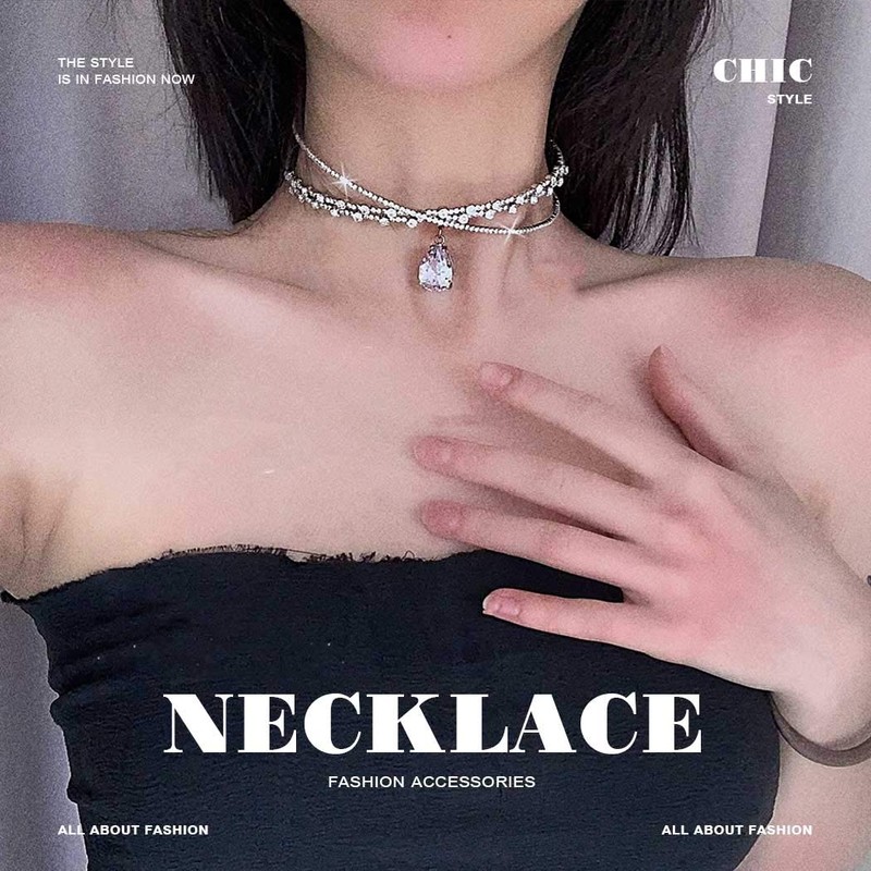 JEAIRTS Jearits Crystal Drop Pendant Necklace Silver Rhinestone Choker Necklaces