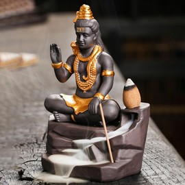Lord Shiva Statue Backflow Incense Burner Smoke Adiyogi Shiva Statue Incense Waterfali Holder with Incense Folder Incense Cones Gift Purpose Decoration Items for Home Office Hindu God of Meditation Yoga Time Destruction