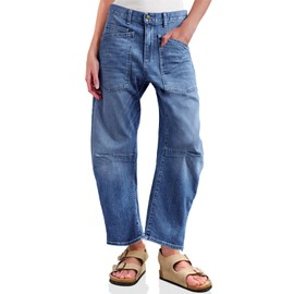 PLNOTME Womens Baggy Barrel Jeans Boyfriend High Waisted Wide Leg Cropped Ankle Denim Pants Blue