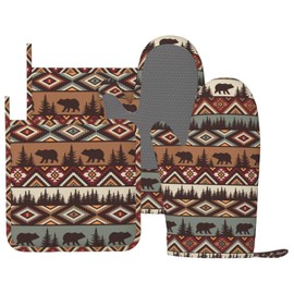 DONMYER Vintage Rustic Bear Oven Mitts and Pot Holders 4 pcs Set Silicone Bear Mountain Kitchen Oven Mitt Gloves Country Cabin Themed Pot Holders Non-Slip Heat Resistant Cooking Mitts Set for Grilling
