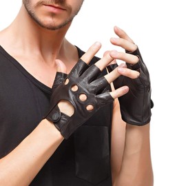 Nappaglo Men's Short Lambskin Gloves, Hole Design, Fingerless, Summer, Spring, Autumn, Commuting to Work or School Commute, U-Shaped Mitting, Exercise, Driving, Motorcycle Gloves, Braun