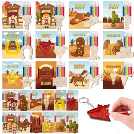 Amyhill 24 Sets Western Cowboy Party Favors DIY Wooden Keychain Painting Crafts Kits with Cards Watercolor Pencil and OPP Bags for Exchange Gifts DIY Art Classroom Prize Western Party Supplies