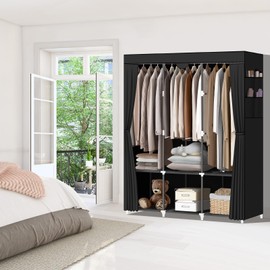 LOKEME Portable Closet, Portable Closets for Hanging Clothes with 3 Hanging Rods and 6 Storage Shelves and 4 Side Pockets, Black Wardrobe Closet Easy to Assemble and Strong and Stable