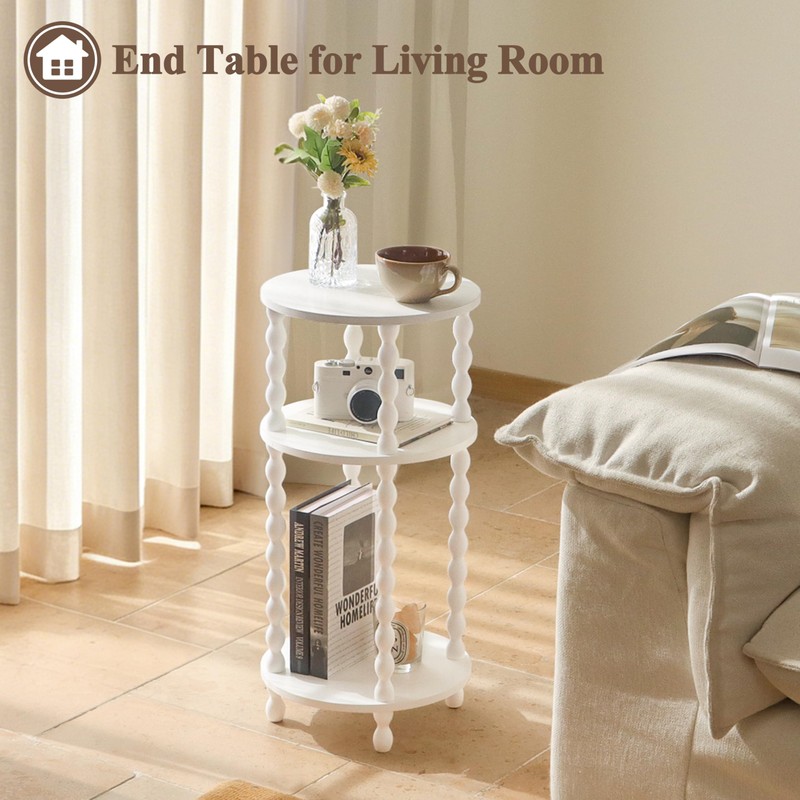 AWASEN Small Round Side Table, White End Table with 3-Tier