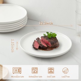 Jassceram 10.5 Inch White Dinner Plates Set of 6, Ceramic Round Plates for Kitchen or Restaurant, Salad Plates Modern Dish Set - Microwave, Oven and Dishwasher Safe, Scratch Resistant and Lead-free