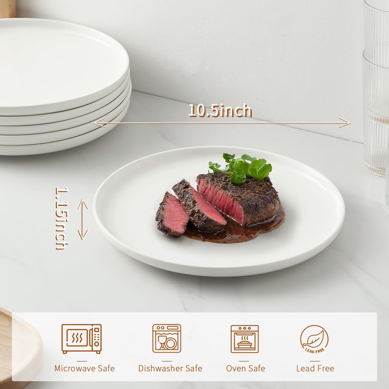 Jassceram 10.5 Inch White Dinner Plates Set of 6, Ceramic